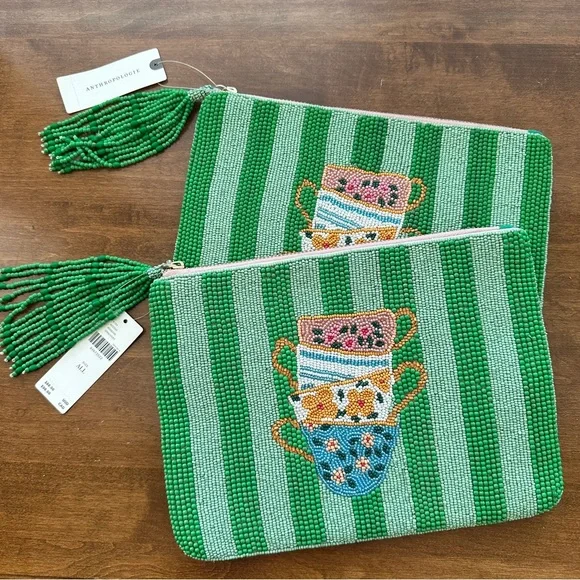 NEW Anthropologie Fiona Green Beaded Tassel Zip Clutch Bag Pouch Teacup Design - Picture 2 of 7